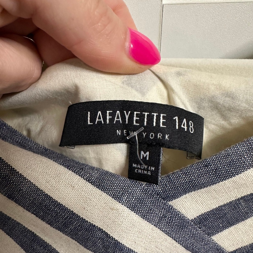 Lafayette 148 Ximena Striped Dress Women M Midi Coastal Linen Tie Pockets Career - Picture 4 of 10